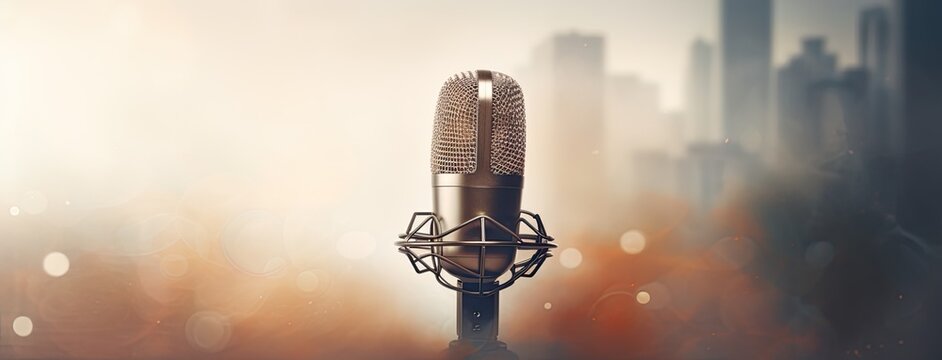 a professional microphone set against a light background, with a digital waveform displayed, for banners, podcast covers, or studio backgrounds