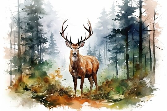 watercolor card of a majestic antlered deer in the spring forest