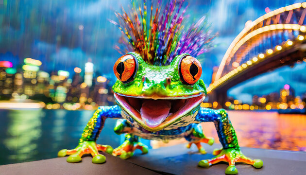 Naklejki colourful big eye frog with punk hair and cool sun glasses cartoon looking jumping on footpath