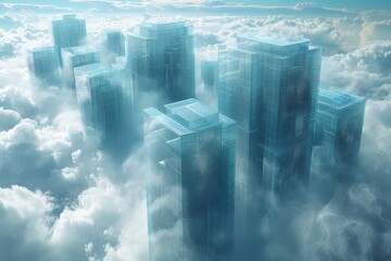 Amidst a sea of swirling fog and billowing clouds, towering skyscrapers reach towards the sky, creating a stunning juxtaposition of man-made structures and the beauty of nature