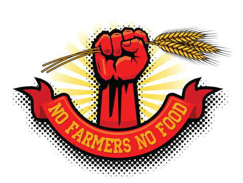 Farmers protest hand holding wheat. No farmers no food. Vector template on transparent background