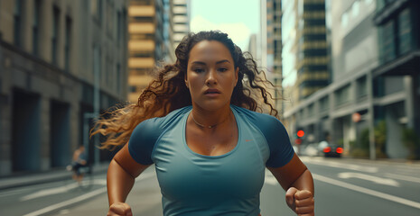 Plus size woman running in the street ...