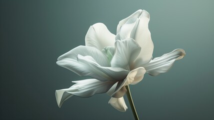 a white flower, in the style of auto-destructive art, light green and dark gray, urban signage, highly realistic, minimalist stage designs, palewave, ultra realistic , in a minimalist modern style