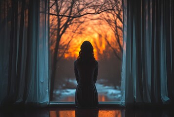 As the sun sets behind her, a woman's silhouette is cast against the curtain, standing at the window and bathed in a warm backlight, lost in thought between the darkening indoors and the glowing outd