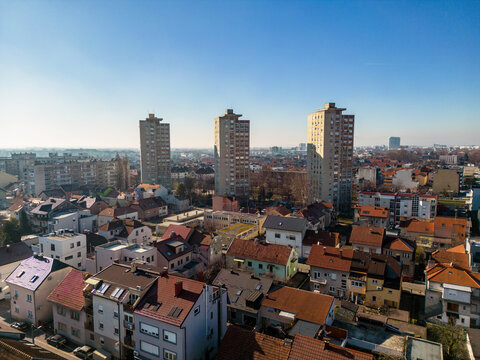 Aerial image of Zagreb city suburbs with small, old houses and solitary high rises