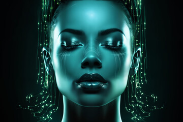 fashion portrait of a beautiful woman with an abstract hologram around her face, holographic pattern on a dark background, cyber art concept