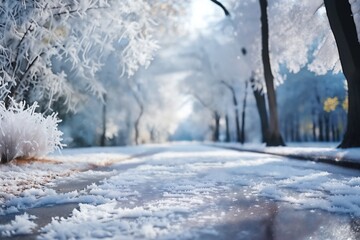 the road in winter, beautiful view, snow and frost with bright sunlight