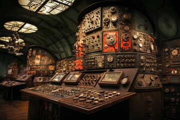 command post of a retro analog control center for an industrial enterprise or a nuclear power plant, control panel, devices for industrial and scientific research and measurements
