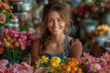 A vibrant woman exudes joy and warmth as she stands in a floral shop surrounded by beautiful arrangements, wearing a colorful outfit and holding a bouquet of fresh cut flowers and artificial blooms