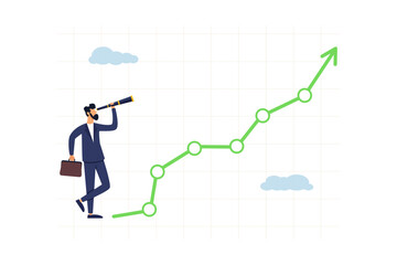 Businessman look through telescope to see investment growing graph. Investment upside potential, economy prediction or forecast, business growth or earning increase concept.