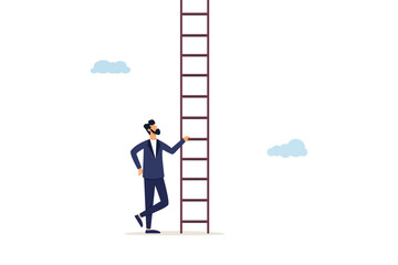 Сonfidence businessman look up to begin climbing ladder of success.Challenge to climb up success ladder, unknown journey ahead, determination to achieve goal concept.