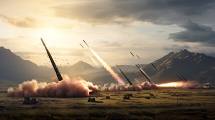missiles aimed at the sky, showcasing the readiness and capability to defend against nuclear bombs and chemical weapons, highlighting the importance of missile defense systems. - obrazy, fototapety, plakaty