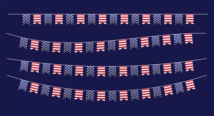USA flags bunting, garland, streamer vector set. Flat decorative party banners in style of United States of America flags. Design element for Presidents Day, Independence Day July 4, Elections posters