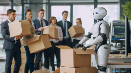 People layoff because of artificial intelligence. Business people holding boxes and AI robot working on computer. Humanoid robots stealing jobs and workers gets fired