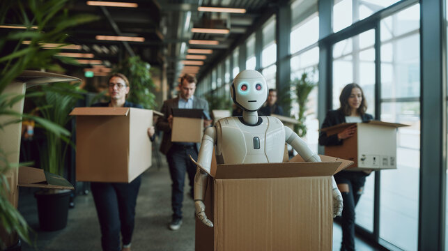 People layoff because of artificial intelligence. Business people holding boxes and AI robot working on computer. Humanoid robots stealing jobs and workers gets fired
