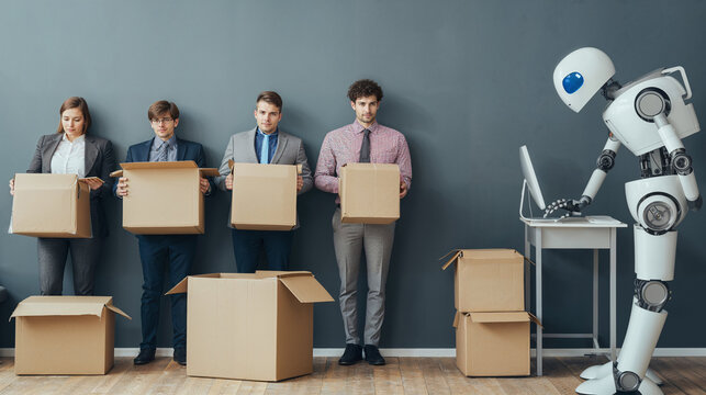 People layoff because of artificial intelligence. Business people holding boxes and AI robot working on computer. Humanoid robots stealing jobs and workers gets fired
