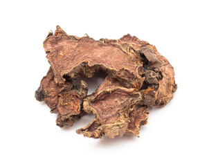 finely chopped dried Rhodiola rosea root close-up on a white isolated background