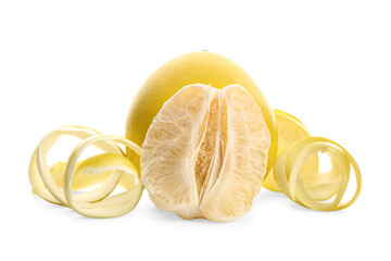 Tasty pomelo fruits with peel on white background
