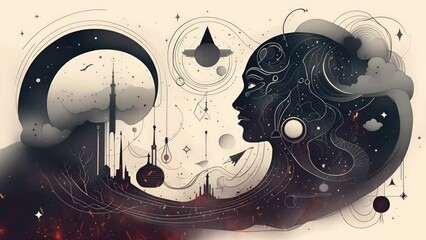 Astrological horoscope, universe, cosmos, state of mind. Mystical surrealism conceptual abstract fantasy art. Suitable for content illustration like religion, meditation, science, healing therapy, etc