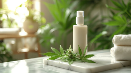 Obraz na płótnie Canvas Organic beauty in focus: body lotion displayed elegantly accentuated by cannabis leaves