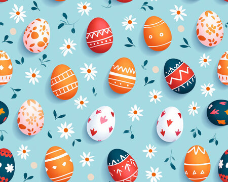 easter eggs pattern tile image on light blue background with flowers, generated by ai
