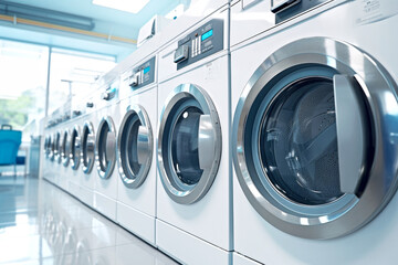 A neat row of sleek clean washing machines in a modern, well-lit laundromat. The concept of streamlined laundry, energy-efficient service - obrazy, fototapety, plakaty