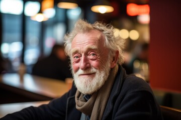 Fototapeta premium Portrait of a senior man with grey hair and beard in a cafe