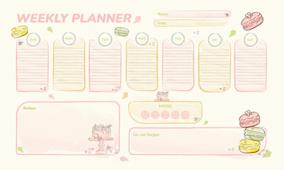 weekly planner in watercolor style in soft colors with sweets, cake, macarons, for pastry chef, child, girl. gentle planner