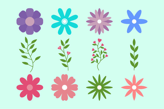 set of flowers vector, Floral Harmony, Diverse Blossoms and Stems Captured in Vector Art