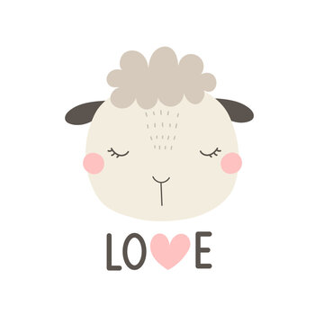 Love. Cartoon sheep, hand drawing lettering. colorful vector illustration, flat style. design for print, greeting card, poster decoration, cover