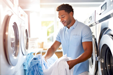 Cheerful young African American man sorting white clothes at a commercial laundry service with modern equipment. Daily routine, household chores and life style. Cleaning and washing concept