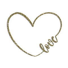 Heart shaped border frame with the word love in gold glitter