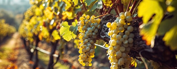 Autumn harvest of white wine grapes in Tuscany vineyards near an Italian winery