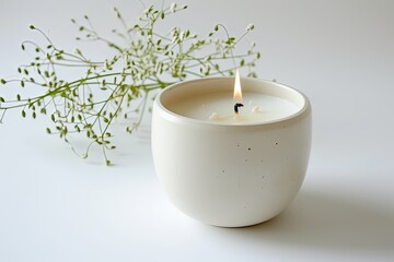 Obraz na płótnie Canvas Scented candle in oversized cylindrical cup, pure white background, simple decoration, marine, product photography, centered composition, fresh, authentic.
