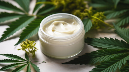 Obraz na płótnie Canvas Exquisite beauty care: jar of face cream sits amidst lush marijuana leaves