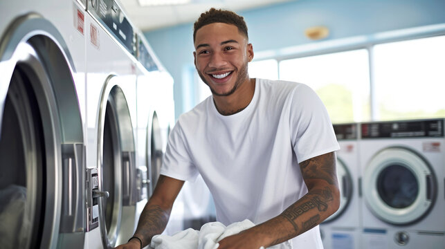 Young African American man in a white T-shirt with tattoos smiling while sorting his clothes at a public self service laundromat. Concept of cleaning, washing and energy saving at home. Banner