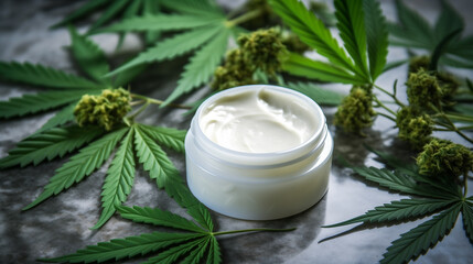 Obraz na płótnie Canvas Aesthetic skincare display: face cream on marble surface with cannabis leaves