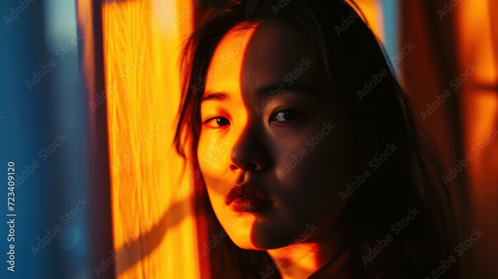 Canvas Prints a woman is looking out the window with a bright orange light. generative ai.