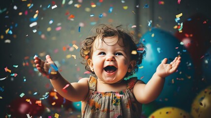 A happy baby clapping hands and smiling widely while being showered with confetti at a birthday party