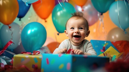 Fototapeta na wymiar A baby joyfully opening presents surrounded by colorful wrapping paper and balloons