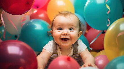 Fototapeta na wymiar A cute baby surrounded by colorful balloons and confetti