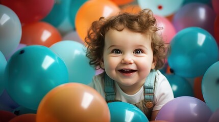 Fototapeta na wymiar A cute baby surrounded by colorful balloons and confetti