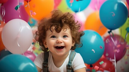 A cute baby surrounded by colorful balloons and confetti