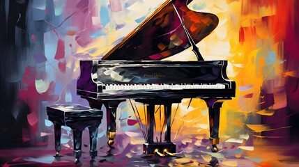 Music from a grand piano projecting a artistic colorful background. A grand piano with lid open, with oil painting style artistic background.