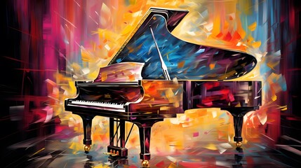 Music from a grand piano projecting a artistic colorful background. A grand piano with lid open, with oil painting style artistic background.
