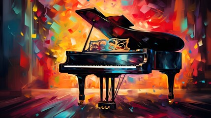 Music from a grand piano projecting a artistic colorful background. A grand piano with lid open,...