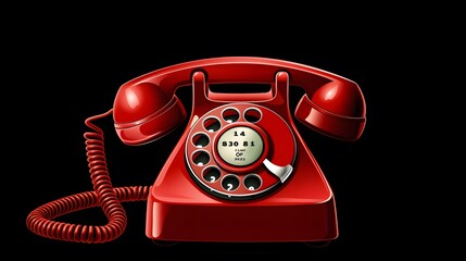 old-fashioned rotary red telephone with handset on isolated transparent background