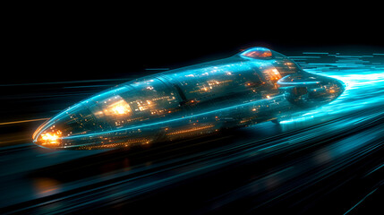 A neon illustration of a futuristic green blue spaceship. Created with generative AI.