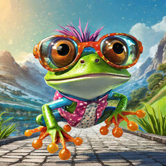 colourful big eye frog with punk hair and cool sun glasses cartoon looking jumping on footpath