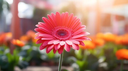 Red gerbera flower on blur background of orange and pink gerbera flowers in garden. Decorative garden plant or as cut flowers. Gentle red petals of gerbera. Floral garden with sunlight. Nature closeup - Powered by Adobe